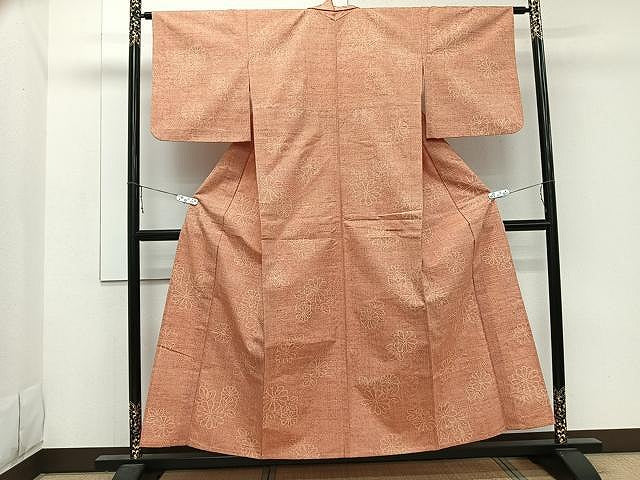 平和屋着物▽上質な紬 単衣 草花文 正絹 逸品 CAAW1384xi