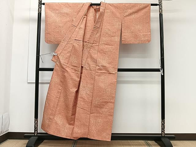 平和屋着物▽上質な紬 単衣 草花文 正絹 逸品 CAAW1384xi