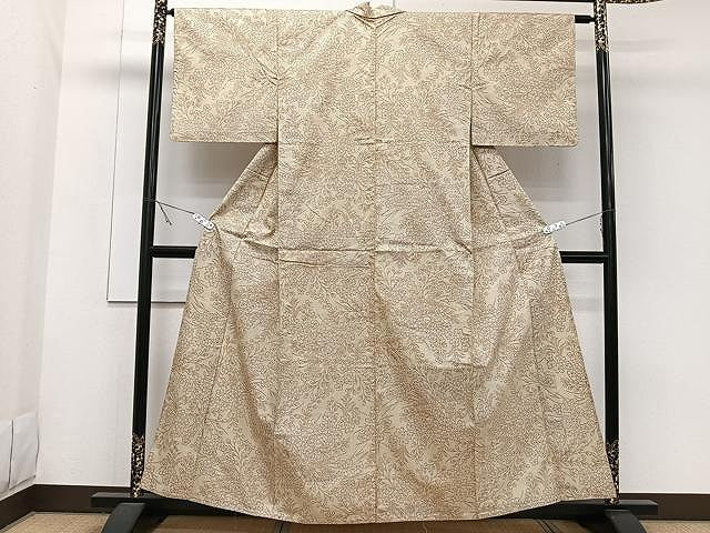 平和屋着物▽上質な紬 単衣 草花文 正絹 逸品 CAAW1390xi