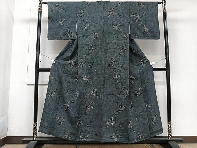 平和屋着物▽上質な紬 単衣 葡萄蔦の葉文 正絹 逸品 CAAW1391xi