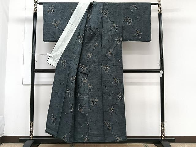 平和屋着物▽上質な紬 単衣 葡萄蔦の葉文 正絹 逸品 CAAW1391xi