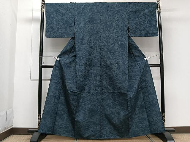 平和屋着物▽上質な紬 単衣 風景文 正絹 逸品 CAAW1395xi