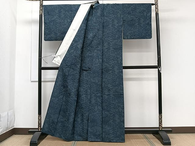 平和屋着物▽上質な紬 単衣 風景文 正絹 逸品 CAAW1395xi