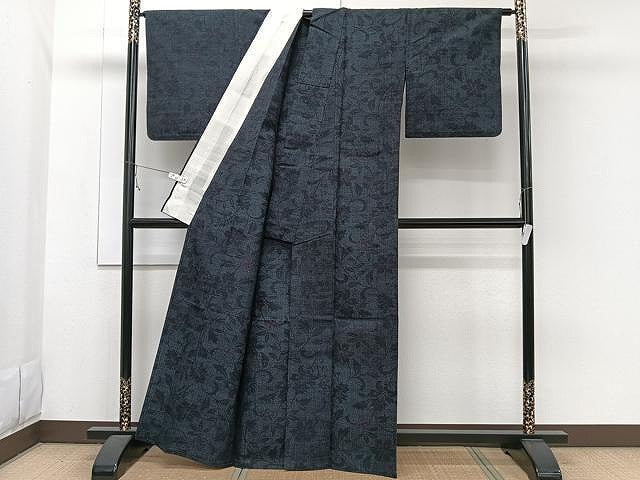 平和屋着物▽上質な紬　単衣　更紗花唐草文　正絹　逸品　CAAW1396xi