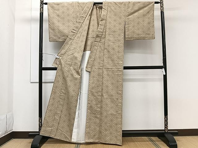 平和屋着物▽上質な紬 単衣 麻の葉文 正絹 逸品 CAAW1397xi