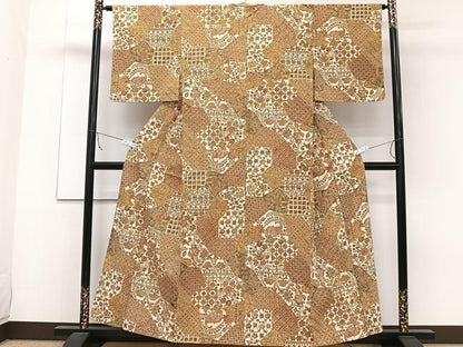 平和屋着物▽上質な小紋 単衣 型染め 更紗花鳥文 正絹 逸品 CAAW1533xi