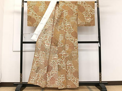 平和屋着物▽上質な小紋 単衣 型染め 更紗花鳥文 正絹 逸品 CAAW1533xi