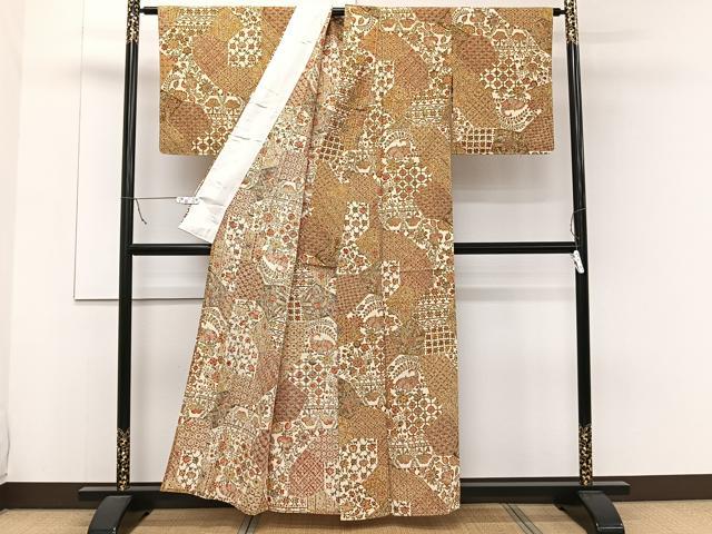 平和屋着物▽上質な小紋 単衣 型染め 更紗花鳥文 正絹 逸品 CAAW1533xi