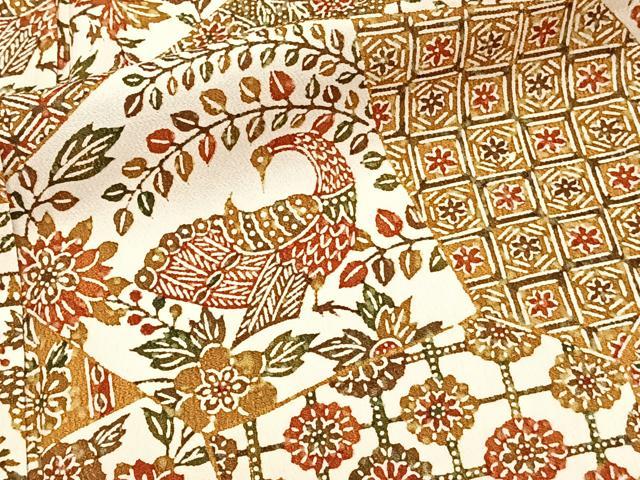 平和屋着物▽上質な小紋 単衣 型染め 更紗花鳥文 正絹 逸品 CAAW1533xi