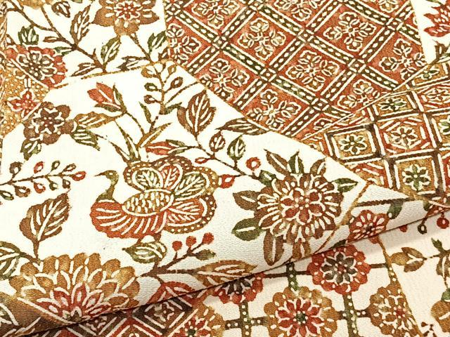 平和屋着物▽上質な小紋 単衣 型染め 更紗花鳥文 正絹 逸品 CAAW1533xi