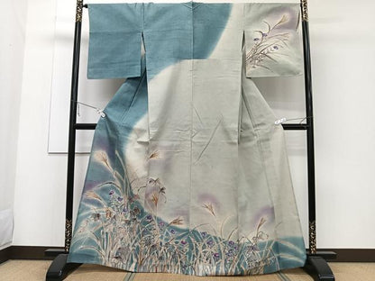 平和屋着物▽訪問着 単衣 紬地 手描き 草花文 正絹 逸品 CAAW1535xi