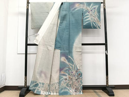 平和屋着物▽訪問着 単衣 紬地 手描き 草花文 正絹 逸品 CAAW1535xi