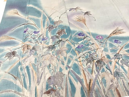 平和屋着物▽訪問着 単衣 紬地 手描き 草花文 正絹 逸品 CAAW1535xi