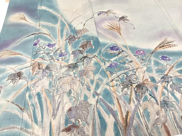 平和屋着物▽訪問着 単衣 紬地 手描き 草花文 正絹 逸品 CAAW1535xi
