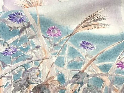 平和屋着物▽訪問着 単衣 紬地 手描き 草花文 正絹 逸品 CAAW1535xi