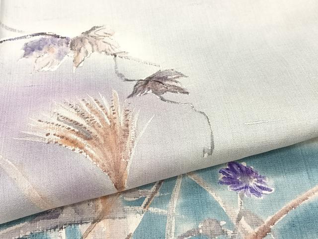 平和屋着物▽訪問着 単衣 紬地 手描き 草花文 正絹 逸品 CAAW1535xi