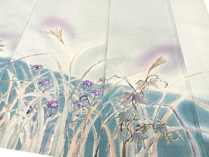 平和屋着物▽訪問着 単衣 紬地 手描き 草花文 正絹 逸品 CAAW1535xi