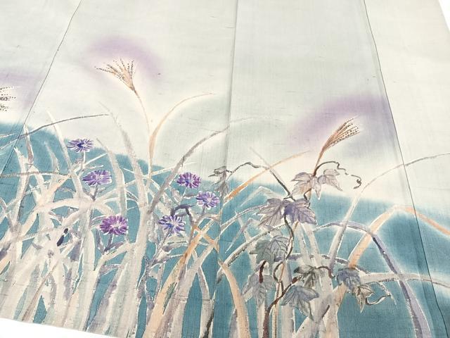 平和屋着物▽訪問着 単衣 紬地 手描き 草花文 正絹 逸品 CAAW1535xi