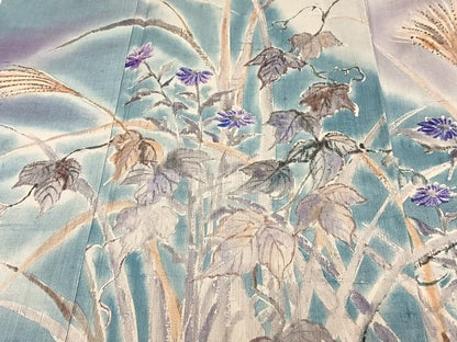 平和屋着物▽訪問着 単衣 紬地 手描き 草花文 正絹 逸品 CAAW1535xi