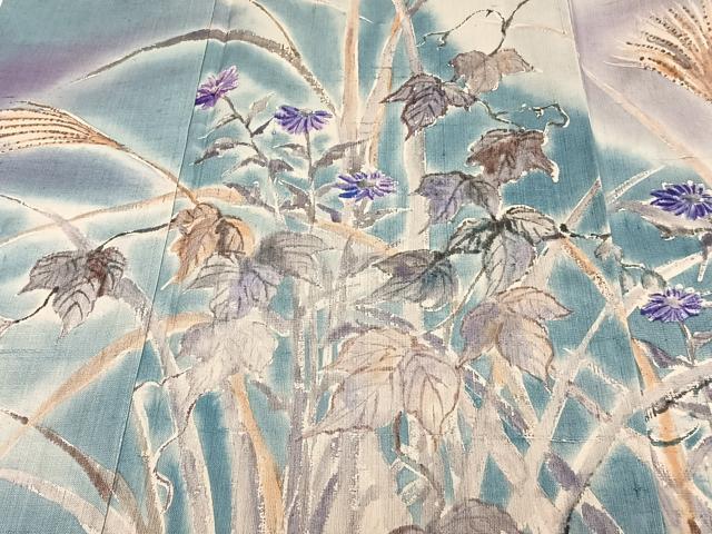 平和屋着物▽訪問着 単衣 紬地 手描き 草花文 正絹 逸品 CAAW1535xi