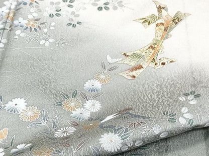 平和屋着物▽訪問着 単衣 駒刺繍 束ね熨斗草花文 暈し染め 金銀彩 正絹 逸品 CAAW1539xi