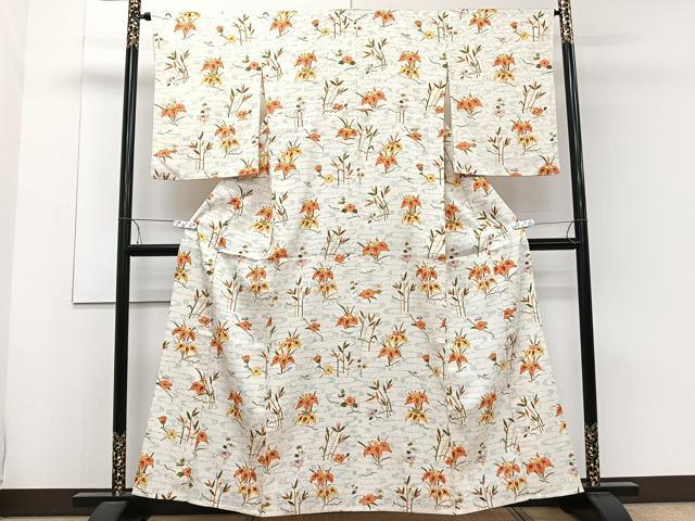 平和屋着物▽上質な小紋 単衣 流水草花文 正絹 逸品 CAAW1544xi