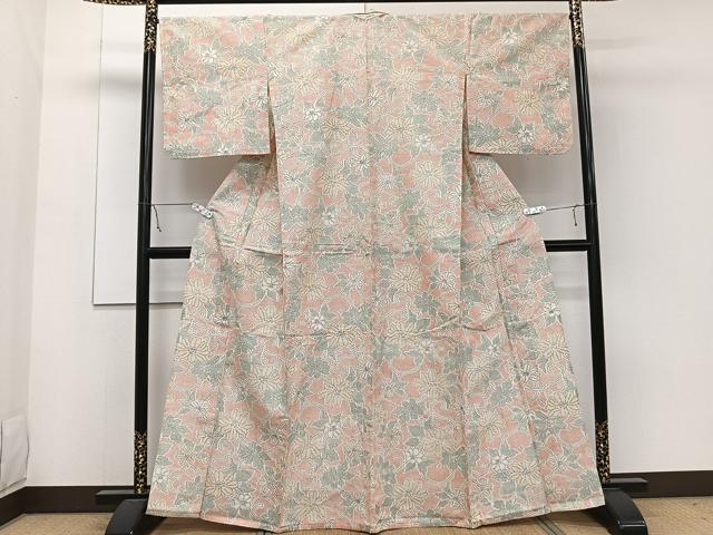 平和屋着物▽上質な紬　単衣　花唐草文　正絹　逸品　CAAW1549xi