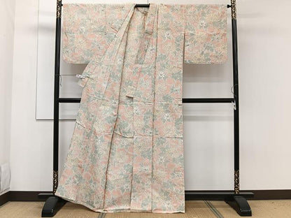 平和屋着物▽上質な紬　単衣　花唐草文　正絹　逸品　CAAW1549xi
