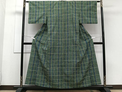 平和屋着物▽上質な紬 単衣 格子柄 正絹 逸品 CAAW1567xi