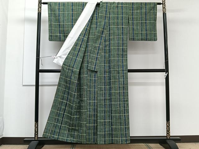 平和屋着物▽上質な紬 単衣 格子柄 正絹 逸品 CAAW1567xi