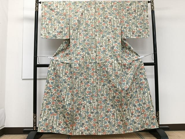 平和屋着物▽上質な紬 単衣 草花文 正絹 逸品 CAAW1573xi