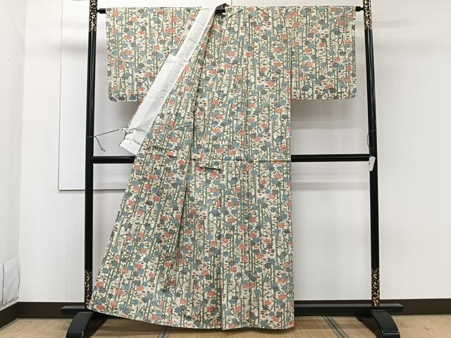 平和屋着物▽上質な紬 単衣 草花文 正絹 逸品 CAAW1573xi