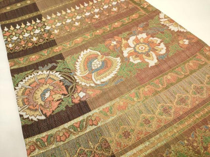平和屋着物▼六通柄袋帯　更紗横段吉祥花鳥文　金糸　正絹　逸品　CAAW1645ak