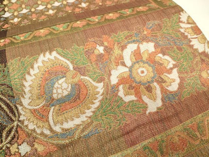 平和屋着物▼六通柄袋帯　更紗横段吉祥花鳥文　金糸　正絹　逸品　CAAW1645ak