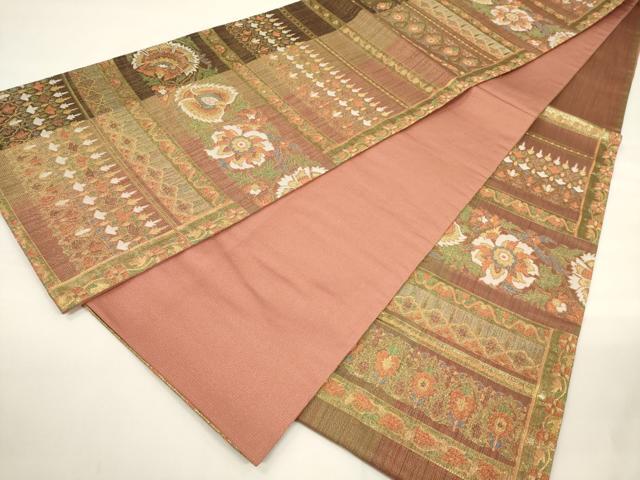 平和屋着物▼六通柄袋帯　更紗横段吉祥花鳥文　金糸　正絹　逸品　CAAW1645ak
