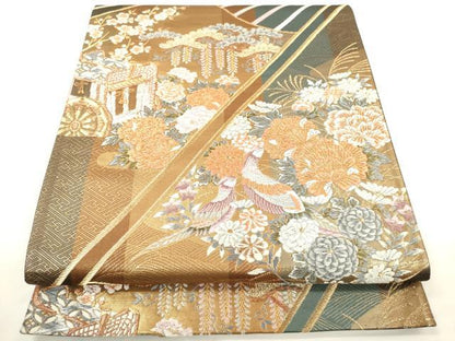 平和屋着物▼六通柄袋帯　唐織　御所車花鳥文　金糸　正絹　逸品　CAAW1647ak