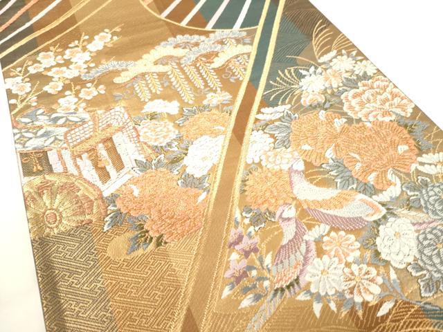 平和屋着物▼六通柄袋帯　唐織　御所車花鳥文　金糸　正絹　逸品　CAAW1647ak