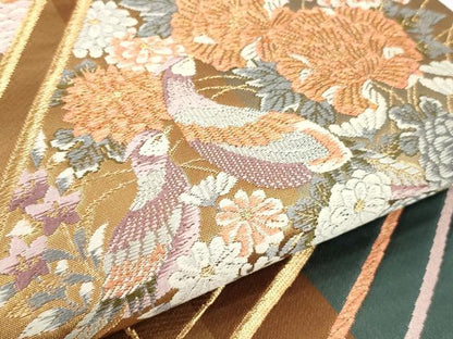 平和屋着物▼六通柄袋帯　唐織　御所車花鳥文　金糸　正絹　逸品　CAAW1647ak