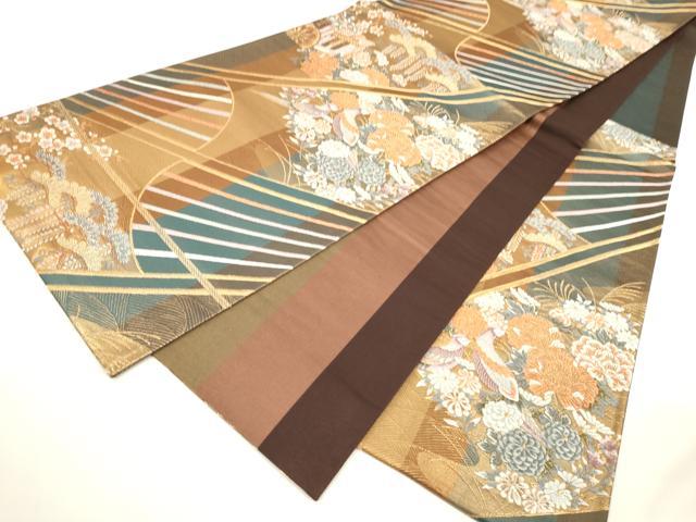 平和屋着物▼六通柄袋帯　唐織　御所車花鳥文　金糸　正絹　逸品　CAAW1647ak