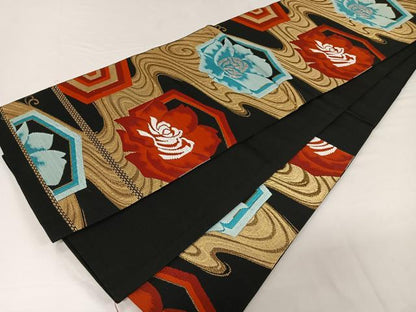 平和屋着物◎六通柄京袋帯　唐織　流水花文　黒地　金糸　正絹　逸品　CAAW2013ua