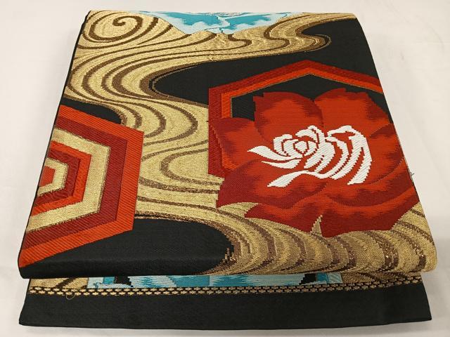 平和屋着物◎六通柄京袋帯　唐織　流水花文　黒地　金糸　正絹　逸品　CAAW2013ua