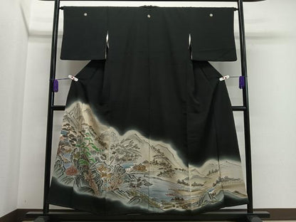 平和屋着物■豪華黒留袖 手描き 風景文 暈し染め 金彩 正絹 逸品 CAAW2234ua