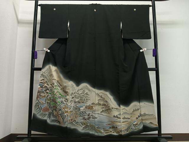 平和屋着物■豪華黒留袖 手描き 風景文 暈し染め 金彩 正絹 逸品 CAAW2234ua