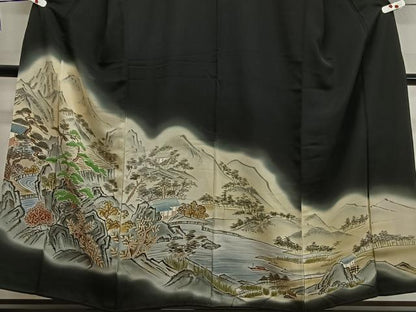 平和屋着物■豪華黒留袖 手描き 風景文 暈し染め 金彩 正絹 逸品 CAAW2234ua