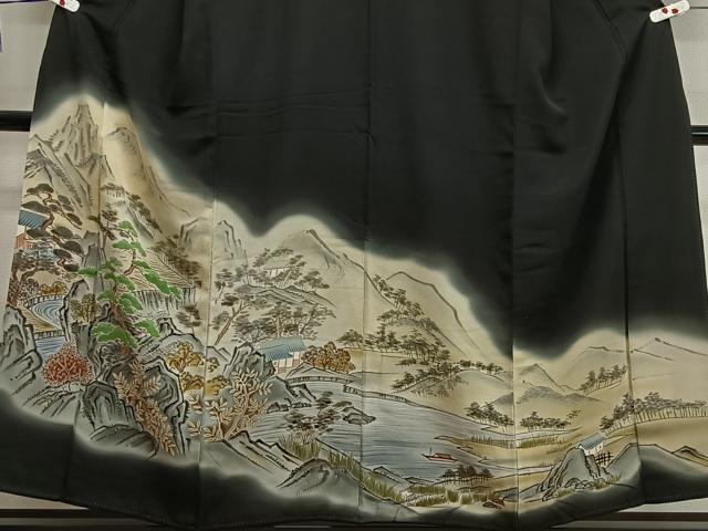 平和屋着物■豪華黒留袖 手描き 風景文 暈し染め 金彩 正絹 逸品 CAAW2234ua