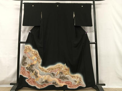 平和屋着物■豪華黒留袖 駒刺繍 飛鶴立波文 暈し染め 金彩 正絹 逸品 CAAW2273ua