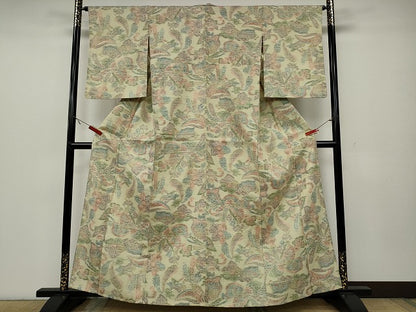 平和屋着物▽上質な紬 単衣 更紗花文 正絹 逸品 CAAW2842ut