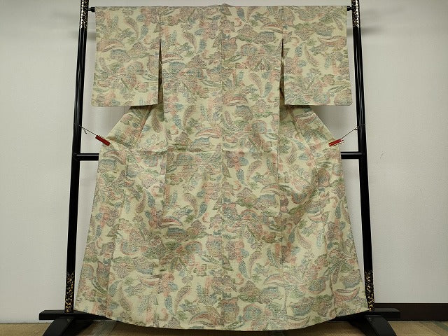 平和屋着物▽上質な紬 単衣 更紗花文 正絹 逸品 CAAW2842ut