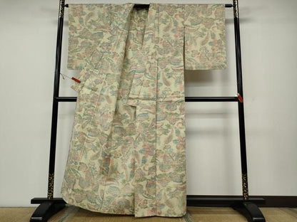 平和屋着物▽上質な紬 単衣 更紗花文 正絹 逸品 CAAW2842ut