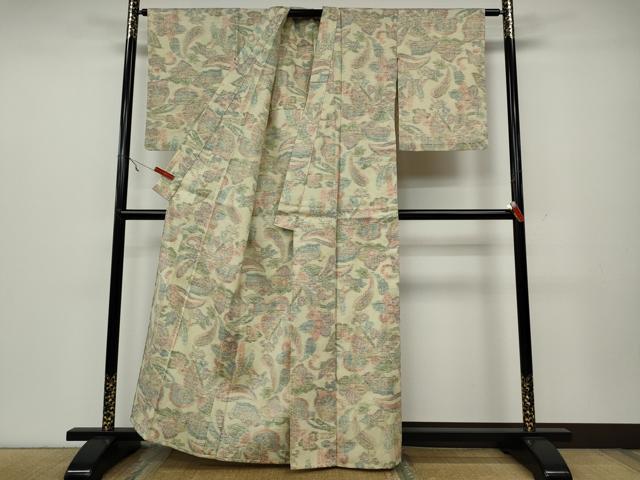 平和屋着物▽上質な紬 単衣 更紗花文 正絹 逸品 CAAW2842ut